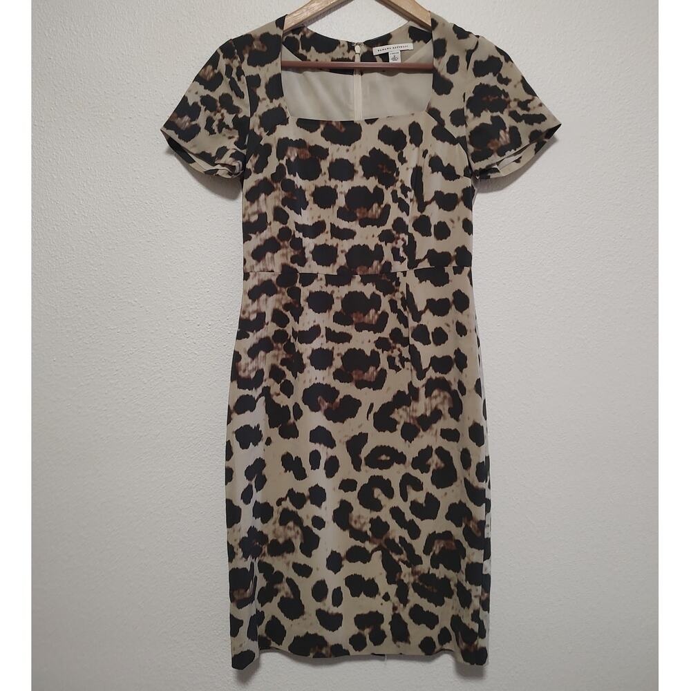 Banana Republic Black Tan Leopard Print Square Neckline Midi Sheath Dress Size 0